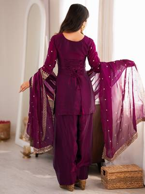 Women's premium wine fendy silk embroidered kurta with farshi shalwar and embroidered roman silk dupatta 4