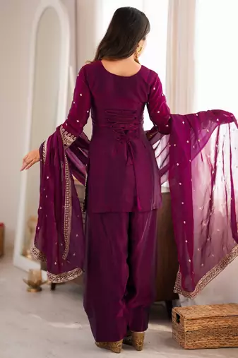 Women's premium wine fendy silk embroidered kurta with farshi shalwar and embroidered roman silk dupatta