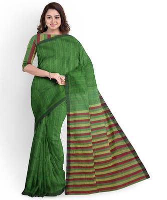 leaf green striped cotton blend saree 1