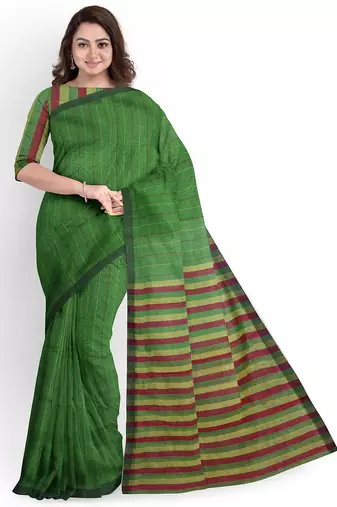 leaf green striped cotton blend saree