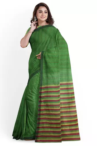 leaf green striped cotton blend saree