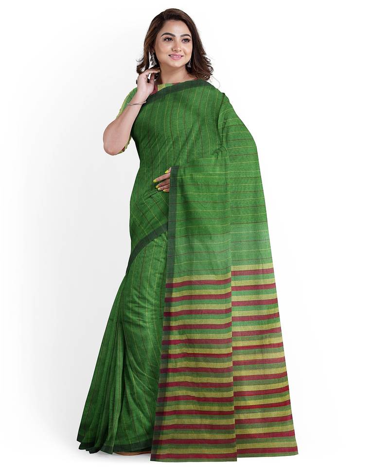 leaf green striped cotton blend saree