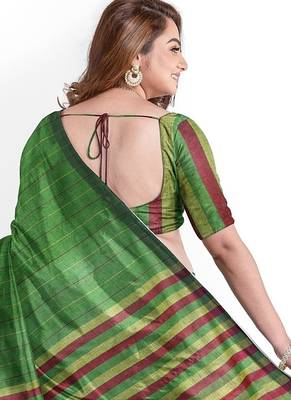 leaf green striped cotton blend saree 3