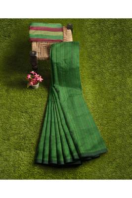 leaf green striped cotton blend saree 4