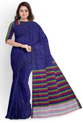 Royal blue striped cotton blend saree with multicolour pallu 1