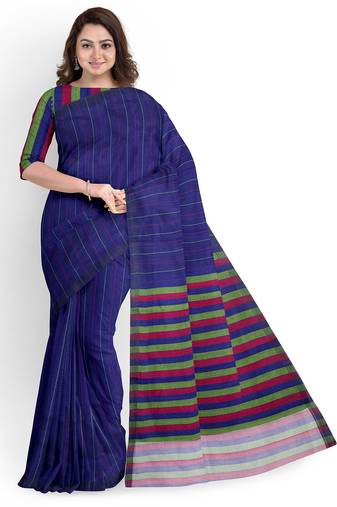 Royal blue striped cotton blend saree with multicolour pallu