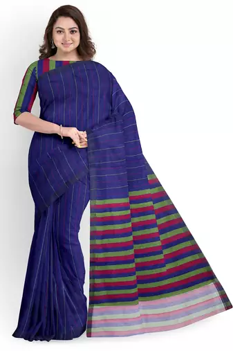 Royal blue striped cotton blend saree with multicolour pallu