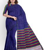 Royal blue striped cotton blend saree with multicolour pallu