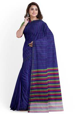 Royal blue striped cotton blend saree with multicolour pallu 2