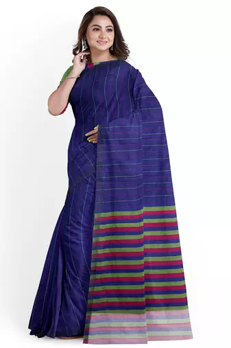 Royal blue striped cotton blend saree with multicolour pallu
