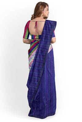 Royal blue striped cotton blend saree with multicolour pallu 3