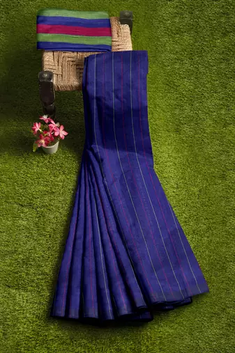 Royal blue striped cotton blend saree with multicolour pallu