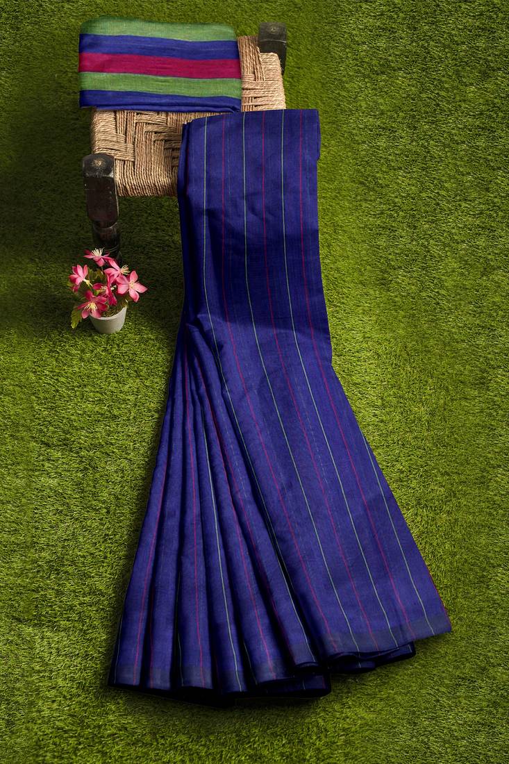 Royal blue striped cotton blend saree with multicolour pallu