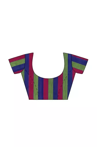 Royal blue striped cotton blend saree with multicolour pallu