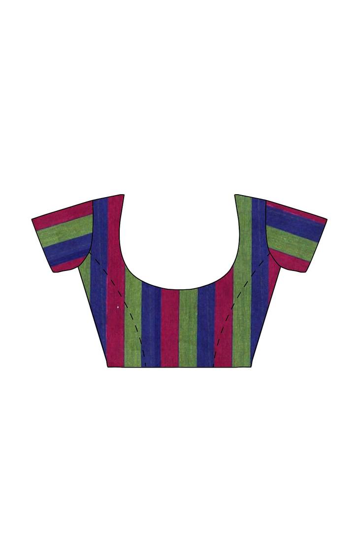 Royal blue striped cotton blend saree with multicolour pallu