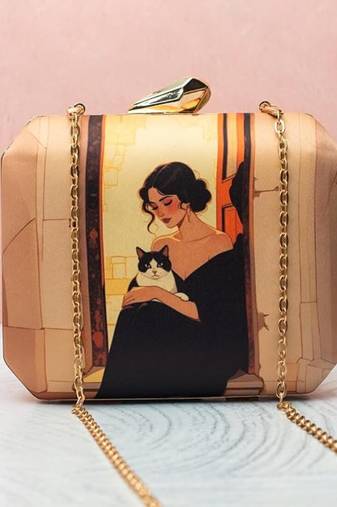 Lady & cat elegance printed clutch bag for women with detachable strap