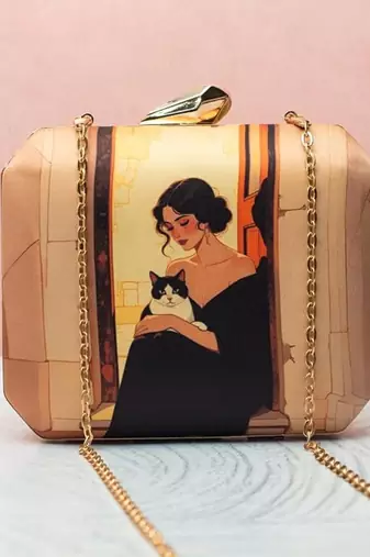 Lady & cat elegance printed clutch bag for women with detachable strap
