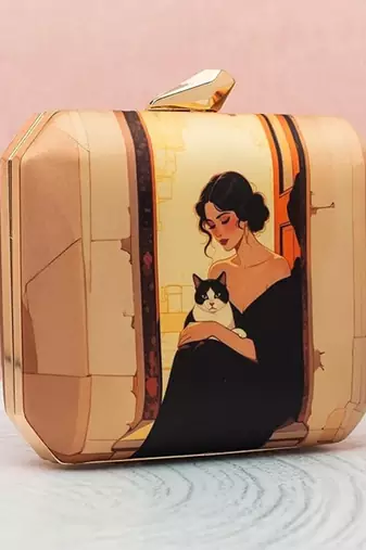 Lady & cat elegance printed clutch bag for women with detachable strap