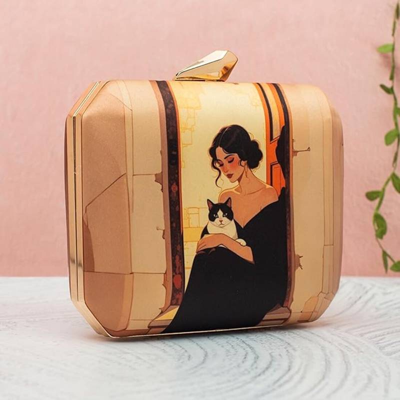 Lady & cat elegance printed clutch bag for women with detachable strap