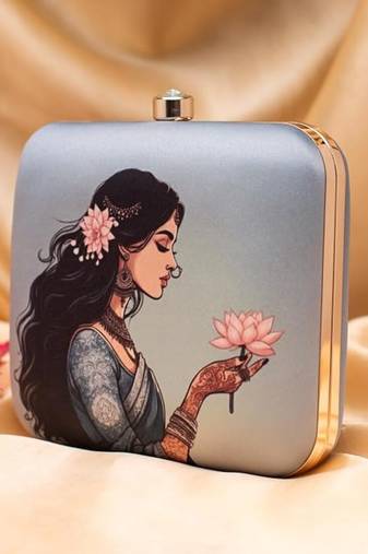Butterfly dress silhouette printed clutch bag for women with detachable strap