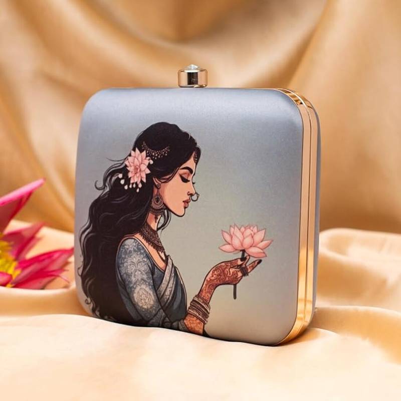 Butterfly dress silhouette printed clutch bag for women with detachable strap