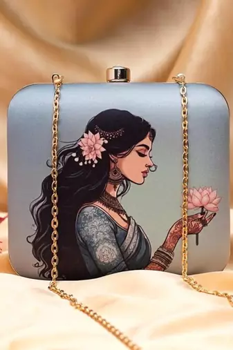 Butterfly dress silhouette printed clutch bag for women with detachable strap