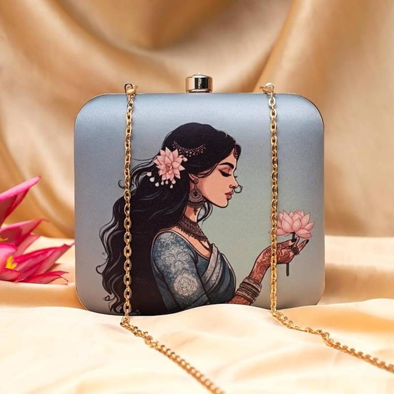 Butterfly dress silhouette printed clutch bag for women with detachable strap