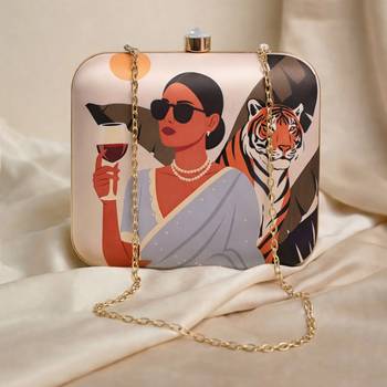 Off white based woman with tiger printed clutch bag for women with detachable strap 1