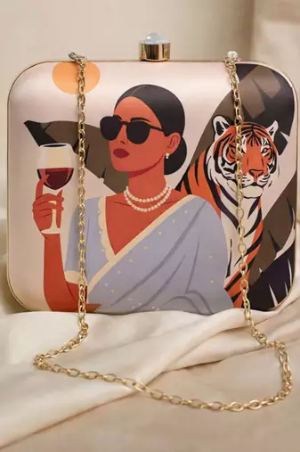 Off white based woman with tiger printed clutch bag for women with detachable strap