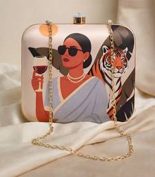 Off white based woman with tiger printed clutch bag for women with detachable strap