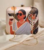 Off white based woman with tiger printed clutch bag for women with detachable strap