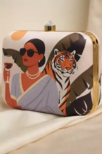 Off white based woman with tiger printed clutch bag for women with detachable strap
