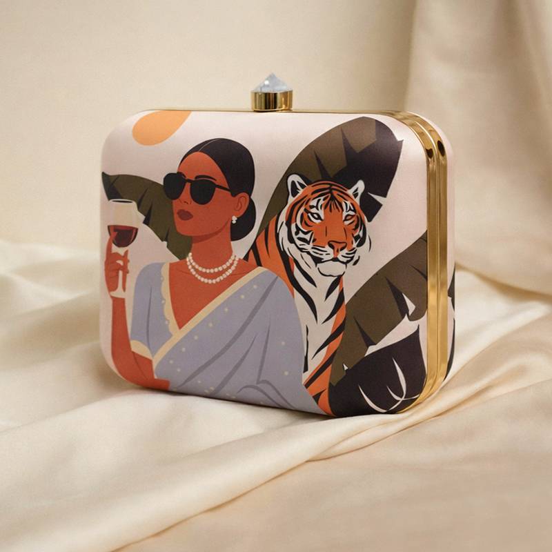 Off white based woman with tiger printed clutch bag for women with detachable strap