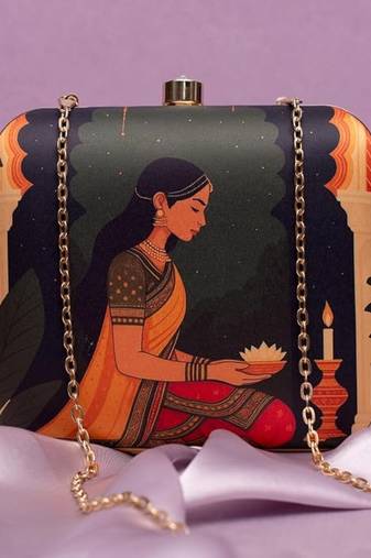 Traditional mughal motif printed clutch for women with detachable strap