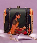 Traditional mughal motif printed clutch for women with detachable strap