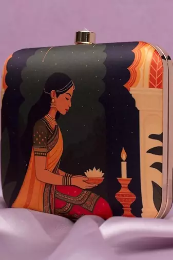 Traditional mughal motif printed clutch for women with detachable strap