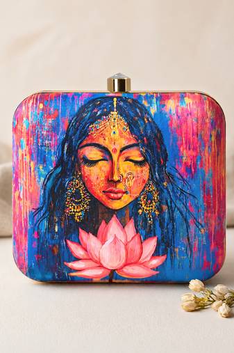 Multicolored indian woman & lotus portrait printed box clutch purse with sling chain for women