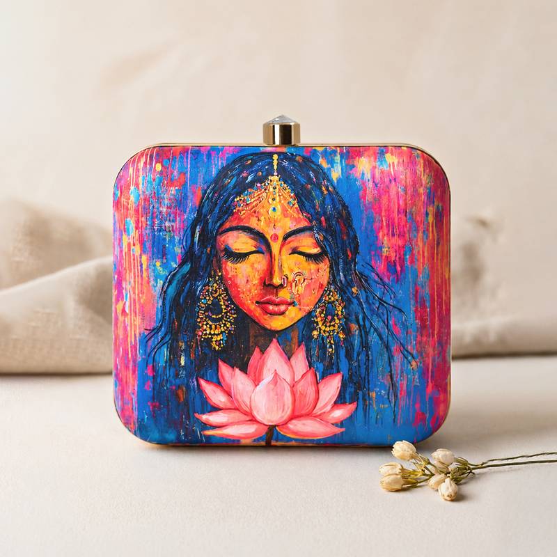 Multicolored indian woman & lotus portrait printed box clutch purse with sling chain for women
