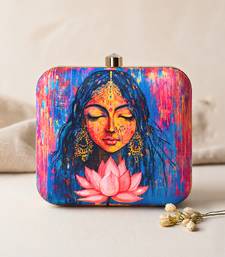 Multicolored indian woman & lotus portrait printed box clutch purse with sling chain for women