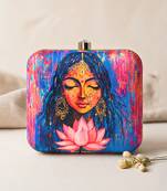 Multicolored indian woman & lotus portrait printed box clutch purse with sling chain for women
