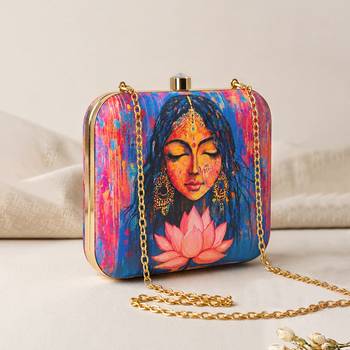 Multicolored indian woman & lotus portrait printed box clutch purse with sling chain for women 2