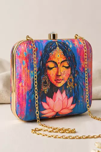 Multicolored indian woman & lotus portrait printed box clutch purse with sling chain for women