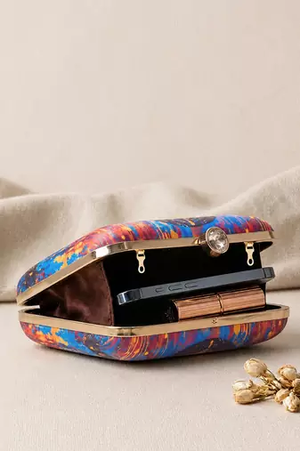 Multicolored indian woman & lotus portrait printed box clutch purse with sling chain for women