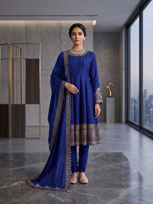 Fancy royal blue chinon sequins gotta patti anarkali suit 1