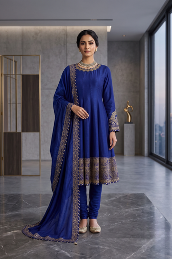 Fancy royal blue chinon sequins gotta patti anarkali suit