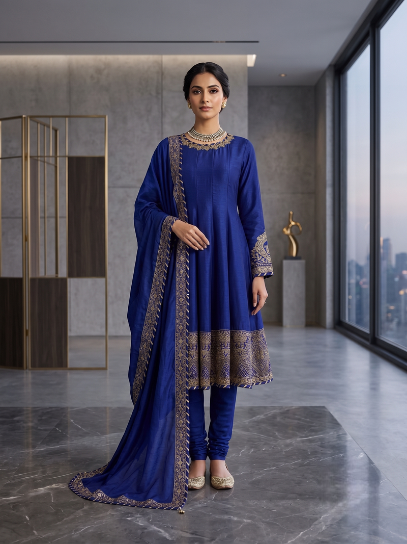 Fancy royal blue chinon sequins gotta patti anarkali suit