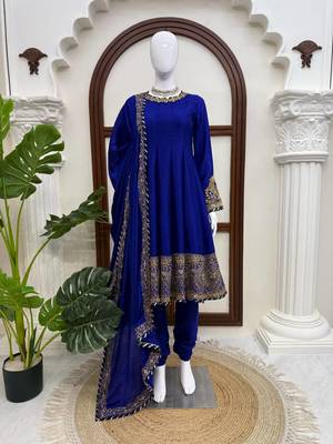 Fancy royal blue chinon sequins gotta patti anarkali suit 2