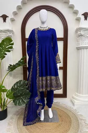 Fancy royal blue chinon sequins gotta patti anarkali suit