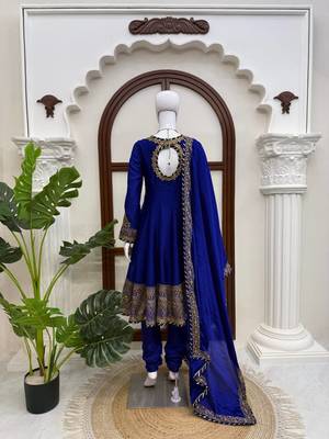 Fancy royal blue chinon sequins gotta patti anarkali suit 4