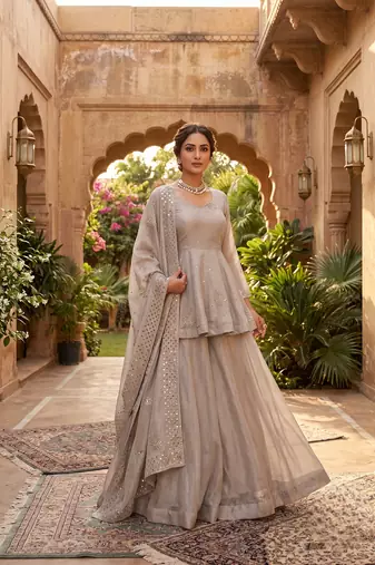 Glowing grey tabby silk foil work salwar suit